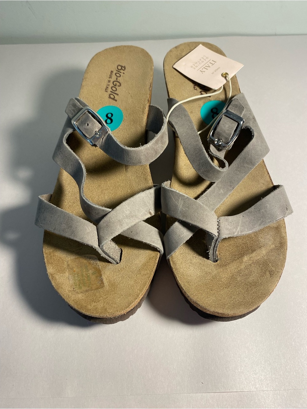 NWT Bio-Gold Suede Strappy Slide Wedge Cork Sandals